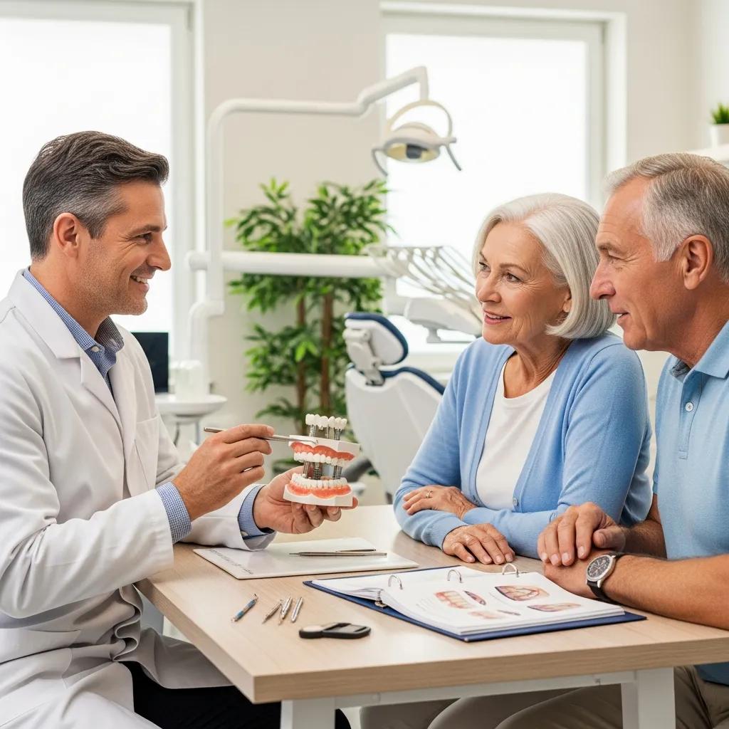 senior-couple-discussing-implant-supported-bridges-with-a-dentist-in-a-welcoming-dental-clinic
